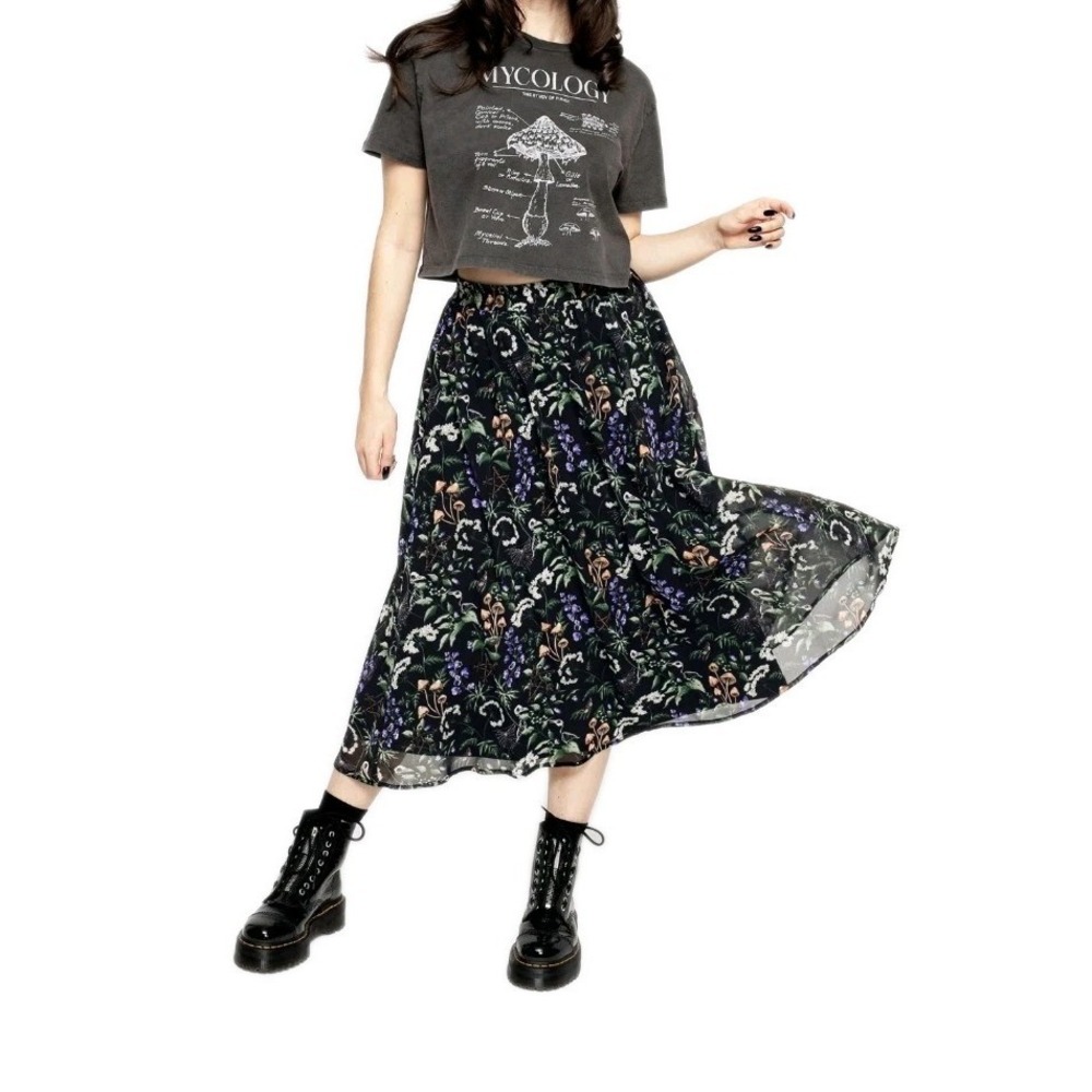 Disturbia Midi Flare Skirt sz 16 Mushroom Bird Skeleton Grunge Gothic Goth